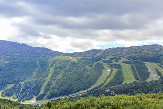 Panorama Norway, Hemsedal Skicenter, Mountains and green meadows, Hemsedalis in Viken, Buskerud.