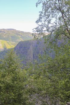 Beautiful Norwegian landscape with trees firs mountains and rocks. Norway Nature.