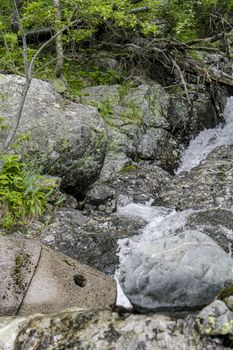 Flowing waterfall river Lake Hemsila in Hemsedal, Viken, Buskerud, Norway.