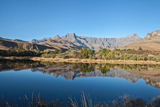 Reflections of the Amphitheater Formation in a calm Drakensberg lake in Royal Natal National Park. KwaZulu-Natal. South Africa