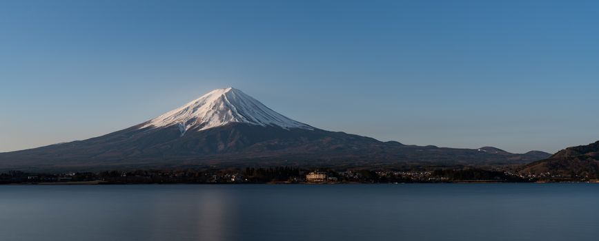 View of Mt. Fuji or Fuji-san with clear sky at lake kawaguchiko, Japan.