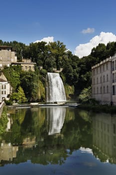 The cascata grande -Waterfall -in the historic centre of Isola del Liri -Italy - in the background castle Boncompagni-Viscogliosi