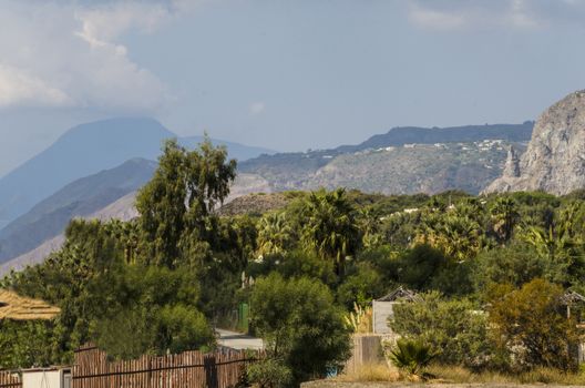 View towards the interior of the Vulcan island with the volcano of the same name in the Aeolian Islands Italy 