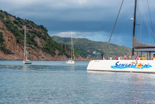 Cala Futadera, Spain : 2020 Sept 02 : Boats in the Beautiful Cala Futadera beach is one of the few remaining natural unspoiled beaches on the Costa Brava, Catalonia, Spain in summer 2020