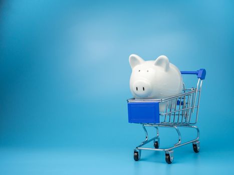 Piggy bank on a shopping mall cart On a blue background. Shopping concept.