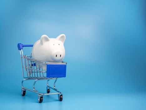 Piggy bank on a shopping mall cart On a blue background. Shopping concept.