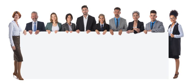 Business people group with blank banner isolated over white