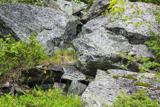 Beautiful Norwegian landscape. Big rocks, mountains and forest. Norway Nature in Hemsedal.