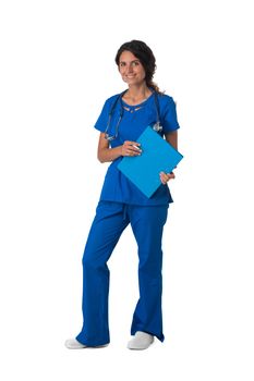 Female nurse in blue uniform with stethoscope and document folder isolated on white background, full length portrait