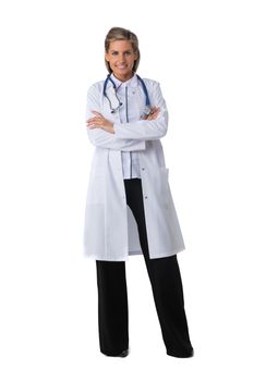 Female medical doctor with stethoscope standing with arms crossed isolated on white background, full length portrait