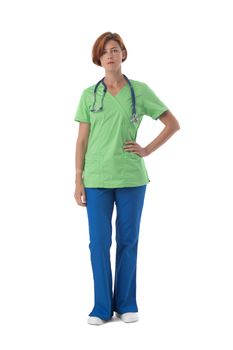 Female nurse in blue and green uniform with stethoscope and document folder isolated on white background, full length portrait