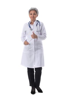 Asian mature female medical doctor with stethoscope isolated on white background, full length portrait