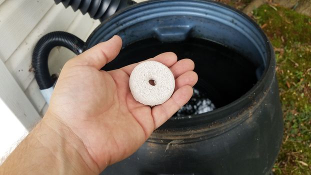 hand holding circular white mosquito tablet insecticide over rain barrel with water
