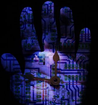 Human's palm with clock hands electronic circuit on a background. 3D rendering