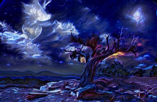 Surreal painting. Old tree, full moon and mystic clouds in the sky. 3D rendering