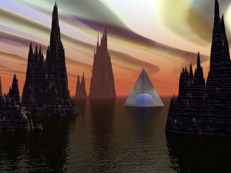 Unreal alien landscape with mystic pyramid. 3D rendering