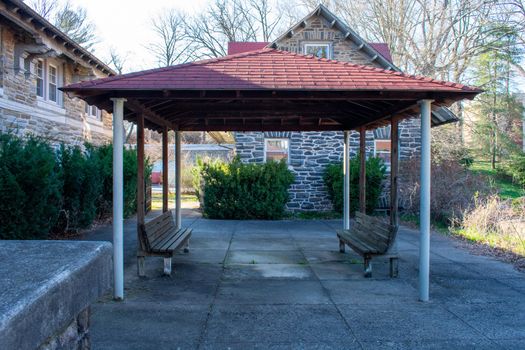 A Red Roofed Gazebo in a Courtyard in an Abadoned Convent in Suburban Pennsylvania