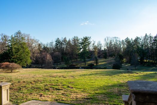 Looking Out Off a Balcony With Pillars at a Gorgeous Property at Elkins Estate in Elkins Park Pennsylvania