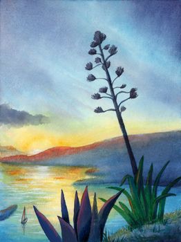 Watercolor painting of a seascape at sunset. Traditional illustration on paper.