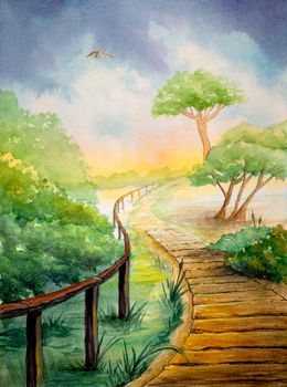 Watercolor landscape with a footpath crossing some mediterranean vegetation near the beach. Original illustration on paper.