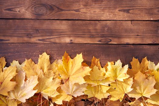 Autumn leaves frame on wooden background top view Fall Border yellow and Orange Leaves vintage wood table Copy space for text