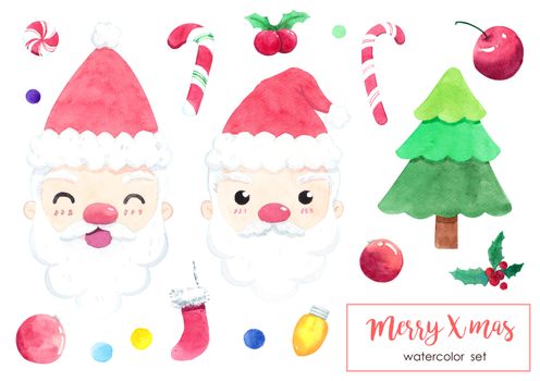 Cute watercolor Christmas objects set: Santa Claus, Fir tree, ball, sweet, sock, holly berry, fairy lights icon. Xmas decorative elements isolated on white background. Hand painted illustrations. Clipping path.