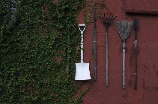 The gardening tools hanging on red cement wall.