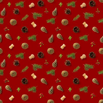 christmas seamless patterns with Pine cones wine cork and lingonberry. pattern christmas seamless on a white backdrop. Realistic photo collage. Print for paper, fabric, wallpaper.