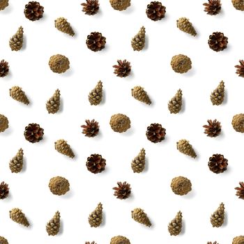 seamless christmas pattern from Pine cones, needles on white background. modern pine cone christmas collage. Print for paper, fabric, wallpaper or background made frome pinecones.