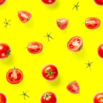 Seamless pattern with red ripe tomatoes. Tomato isolated on yellow background. Vegetable abstract seamless pattern. Organic Tomatoes flat lay.
