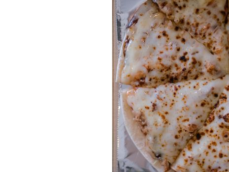 Pizza cheese with copy space on isolated white