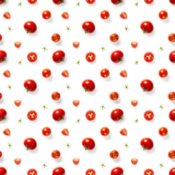 Seamless pattern with red ripe tomatoes. Tomato isolated on white background. Vegetable abstract seamless pattern. Organic Tomatoes flat lay.