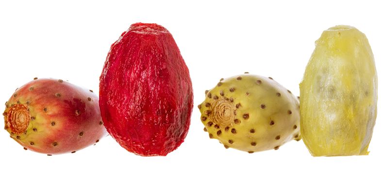 Various peeled cactus fruit, opuntia isolated on a white background