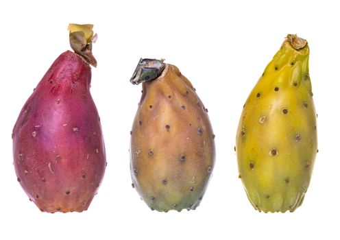 Various peeled cactus fruit, opuntia isolated on a white background