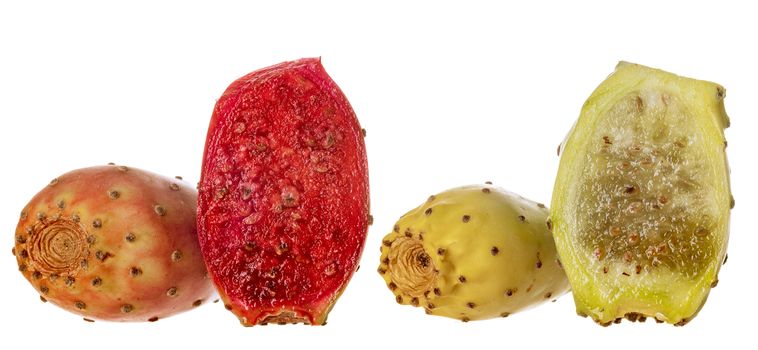 Various peeled cactus fruit, opuntia isolated on a white background