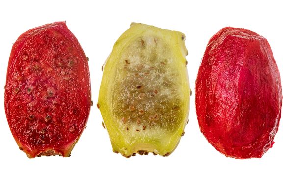 Various peeled cactus fruit, opuntia isolated on a white background