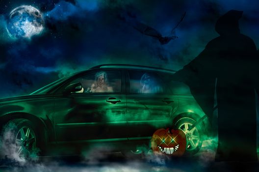 Full harvest moon and dark clouds in background. Halloween mystical scene. Sinister night, with dark scary horror atmosphere. Photo manipulation.