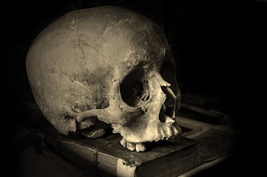Human skull and ancient book on an old wooden table. Drama or theater and literature, knowledge and literacy or Halloween concept