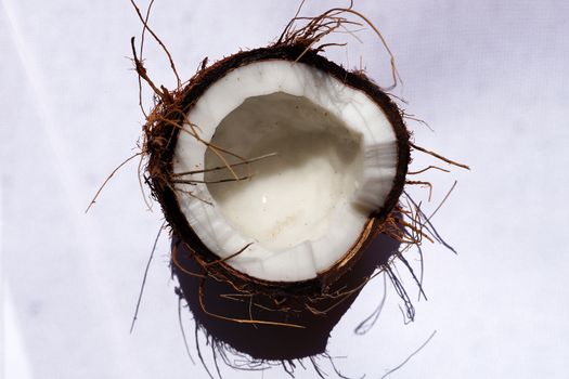 half coconut on a white background, top view.
