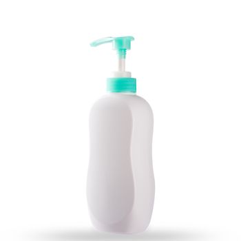 White plastic pump soap bottle container for cream, liquid soap, lotion, and shampoo product blank no label in the bathroom, studio shot isolated on over white background