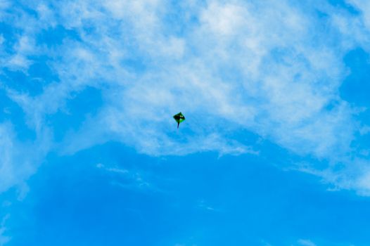 Kite flying in the sky. Kites flying picture with blue sky and white clouds. Photography in the eve of Vishwakarma Puja in Kolkata. Low angel View. Motion Blur.