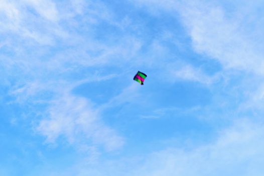 Kite flying in the sky. Kites flying picture with blue sky and white clouds. Photography in the eve of Vishwakarma Puja in Kolkata. Low angel View. Motion Blur.