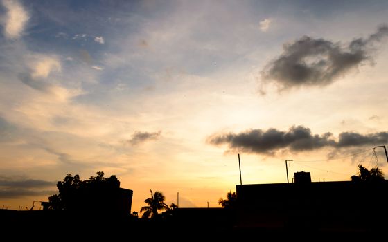 Kolkata city skyline silhouette at sunset. Just before the the Sun goes down.