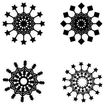 Set of black silhouette snowflakes isolated on white background. Winter christmas decoration for scrapbooking, laser cutting, cut out printers, wood. Vector illustration.