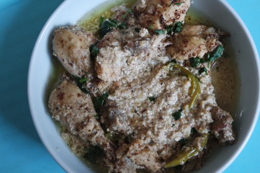 Homemade chicken qorma or white qorma dish. Traditional dish for parties and ceremonial purpose popular in South Asian countries like Pakistan, India and Bangladesh