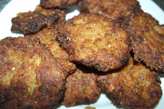 Delicious spicy fried round kebab served in a white ceramic plate on wooden floor