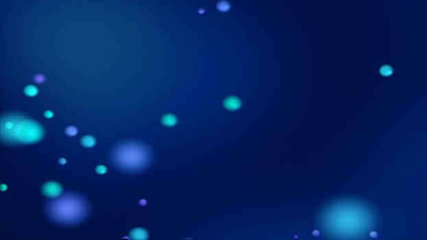 Dark blue bokeh background with blurred glowing bluish spheres. Unfocused blue bokeh background for blurry background