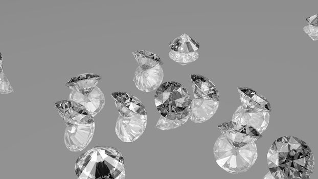 Collection of shiny gemstone diamond crystal on grey background. Jewelry background with diamonds.