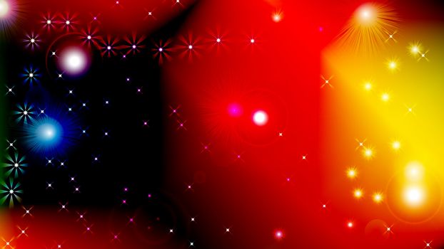 Black abstract light background with glittery colored shiny bokeh stars. Sparkling glittered particles on colored background for placard, banner and greeting cards.
