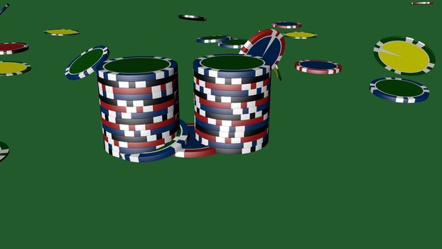 Set of poker chips of different colors and composition isolated on green background.